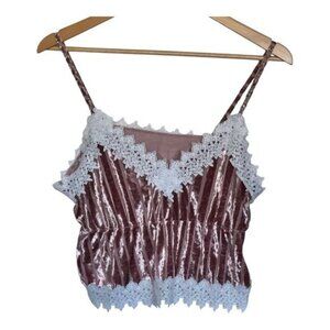 Velvet Lace Camisole Top Womens Size L Pink w/ White Floral Trim